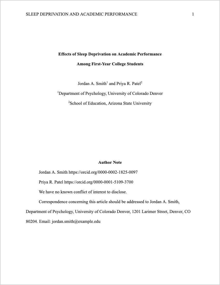 APA 7 professional title page example with running head, authors with superscript affiliations, and author note
