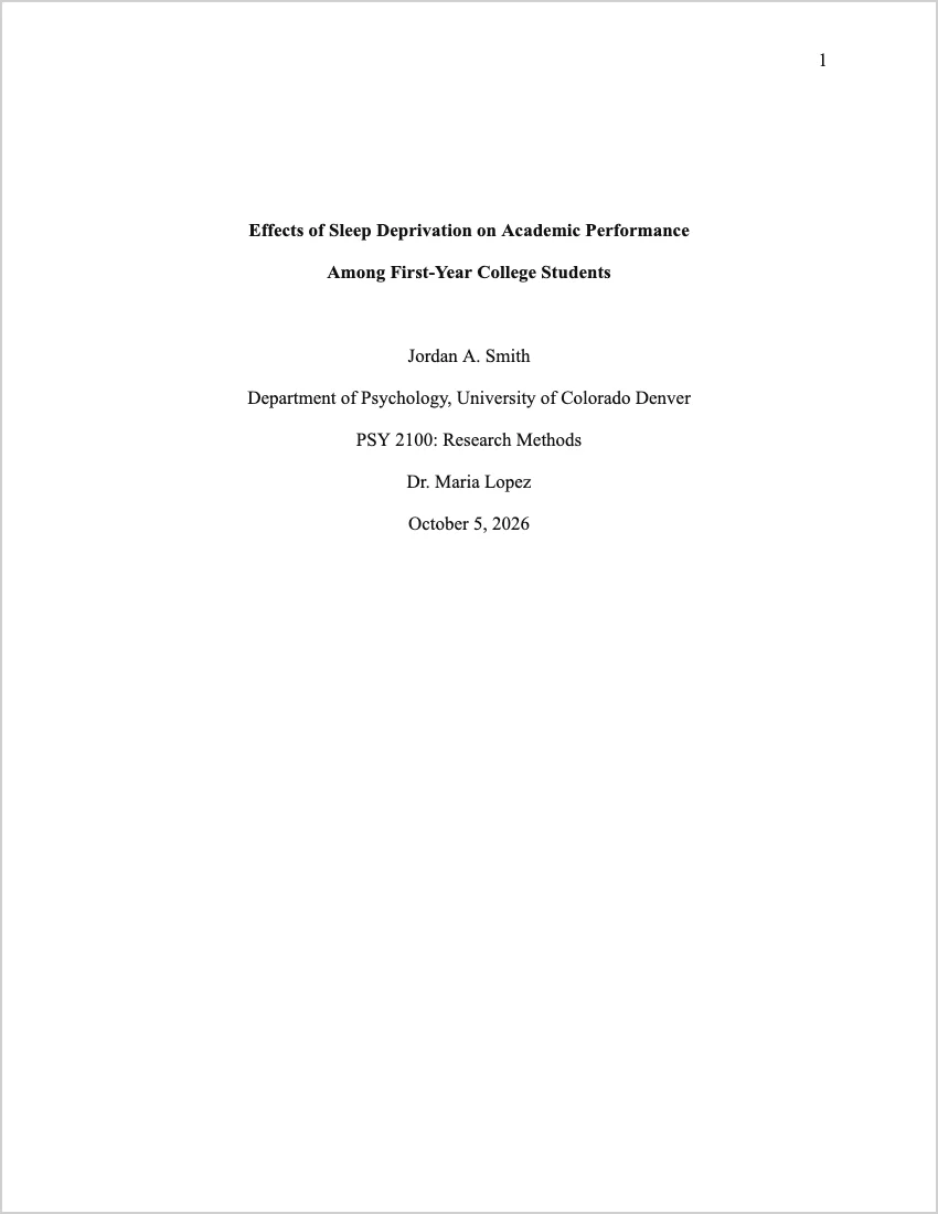 APA 7 student title page example with page number, bold title, author, affiliation, course, instructor, and due date