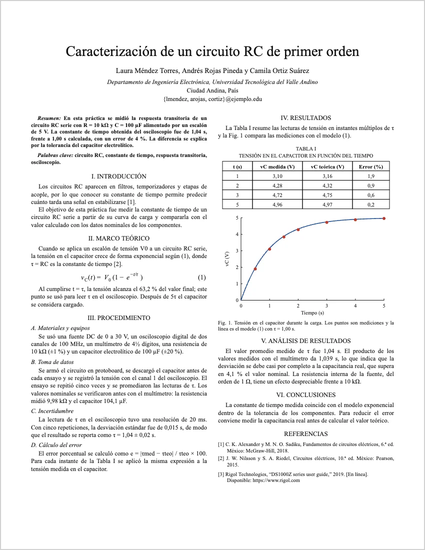 Ejemplo de primera página de un informe de laboratorio en formato IEEE a dos columnas con título, autores, resumen, tabla I y figura 1 de un circuito RC