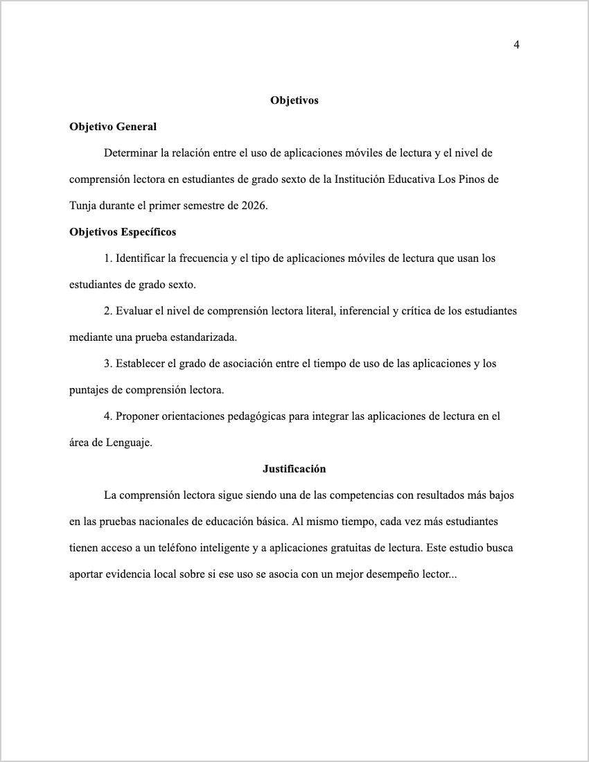 Ejemplo de la página de objetivos general y específicos de un anteproyecto de tesis con formato APA 7