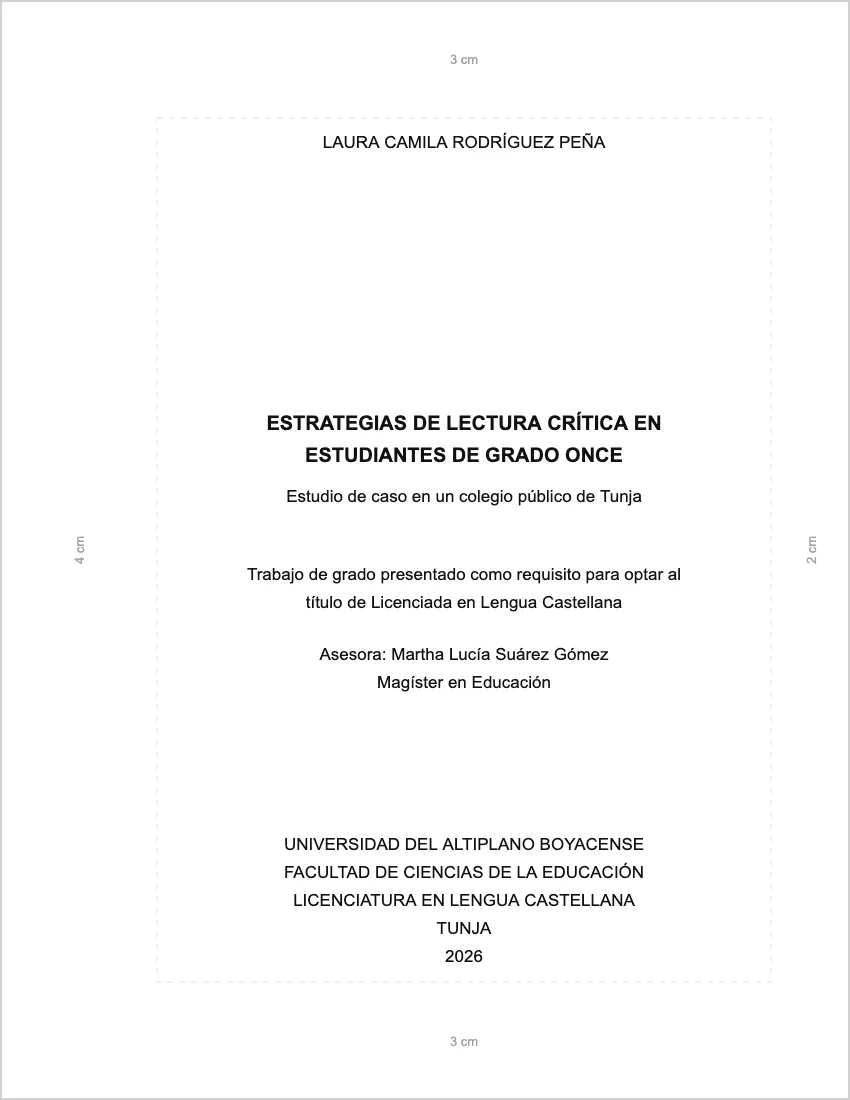 Ejemplo de portada con normas ICONTEC NTC 1486: autor arriba, título centrado, nota de trabajo de grado, asesora, universidad, facultad, ciudad y año, con márgenes de 3, 4 y 2 cm
