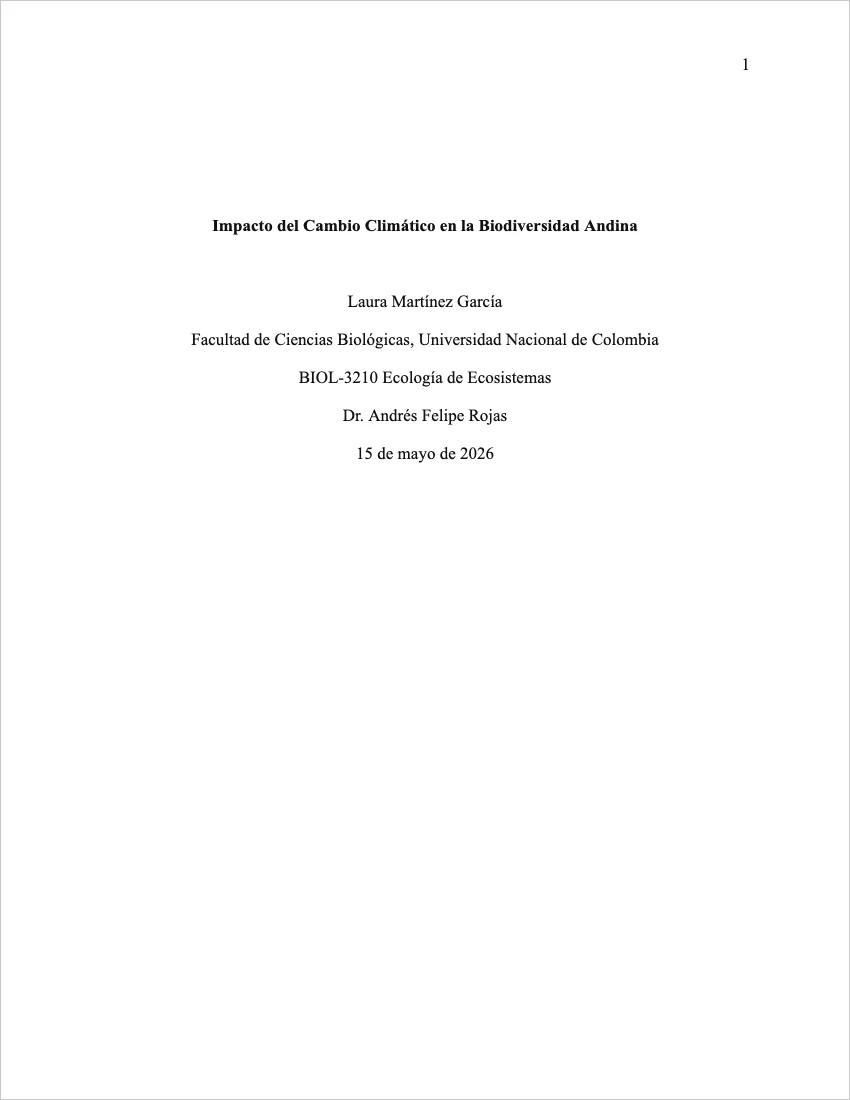 Ejemplo de portada APA 7 para estudiantes con título en negrita, autor, universidad, curso, profesor y fecha