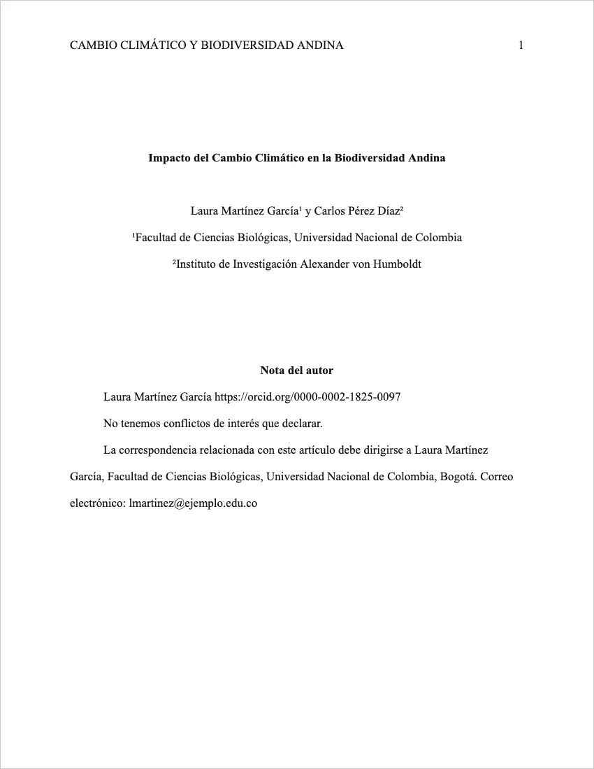 Ejemplo de portada APA 7 profesional con título corto en el encabezado, autores con afiliación y nota del autor